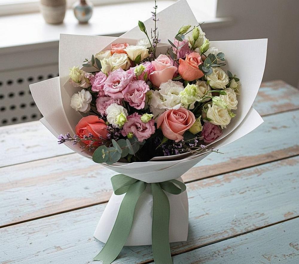 Букет цветов из: Розы, Лизиантусы и Гвоздики в Партените