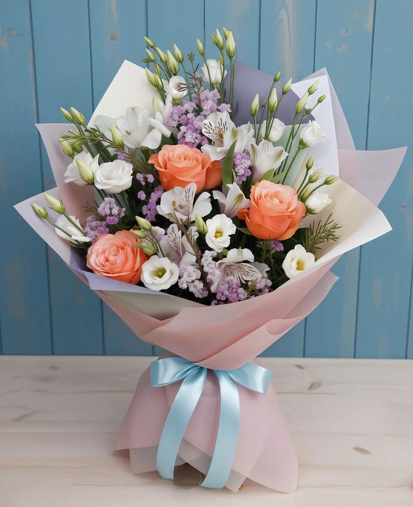 Букет цветов из: Лизиантусы, Розы, Альстромерии и Гипсофила в Партените