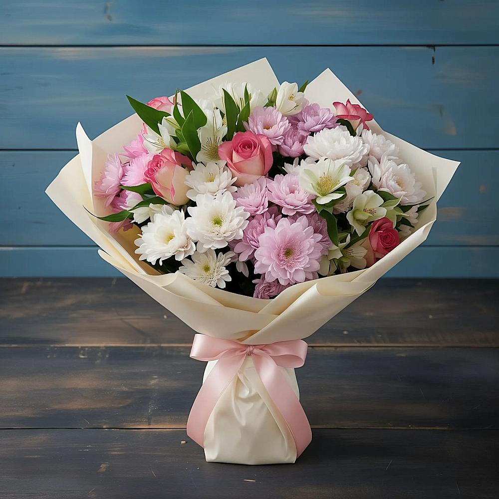 Букет цветов из: Хризантемы, Альстромерии и Розы в Партените